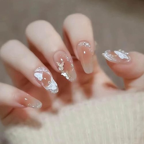 Hkanlre Blush Press on Nails Cute Coffin Medium Fake Nails Tips Full Cover Bling Cat Eyes False N...