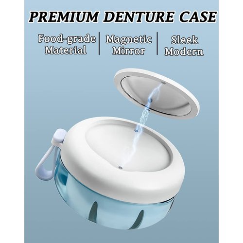 Denture Case, Definitely No-Leak Denture Bath Box for Traveling Perfectly, Denture Cup with Strainer & Magnetic Mirror, Completely Clean Care for Retainer, Mouth Guard, & Denture