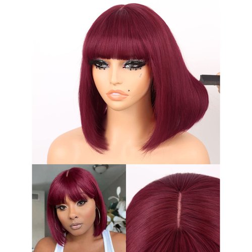 Guree Hair 12 Inch Glueless Wear and Go Wig 99J Bob Lace Wigs for Black Women 100% Virgin Human Hair Wig Glueless Bob Wig With Bangs 2x1 HD Lace Wigs 150% Density Straight Bob Wigs for Daily Use (BUG)