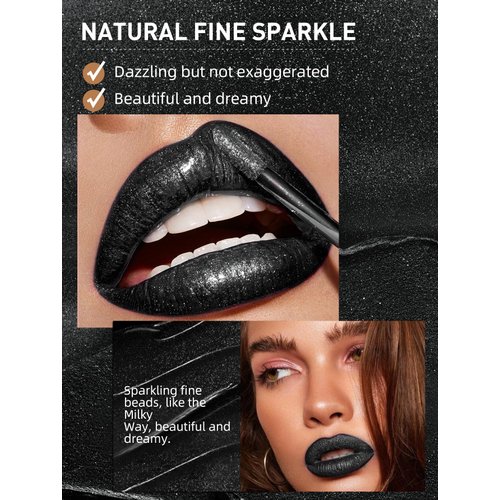 Easilydays Black Glitter Lip Gloss, Diamond Shimmer Lipstick, Metallic Matte Lipstick High Pigment Waterproof Long Lasting Lipsticks, Sparkling Glossy Liquid Lipstick Lip Gloss for Women (#10 Black)