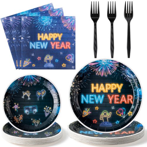 G1ngtar 96Pcs Neon New Year Eve Party Plates Supplies - 2025 Happy New Year Party Tableware Decorations Glow In The Dark Disposable Paper Plates Napkins Forks for Kids and Adults, Serves 24
