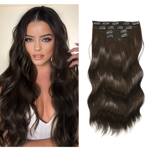 Meiverah Hair Clip in Hair Extensions, 180G 20IN 4Pcs Curly Wavy Straight Thick Clip on Synthetic Hair Extension Hairpieces (20in, 2#, Brown)