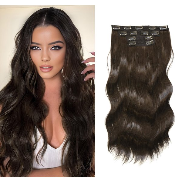 Meiverah Hair Clip in Hair Extensions, 180G 20IN 4Pcs Curly Wavy Straight Thick Clip on Synthetic Hair Extension Hairpieces (20in, 2#, Brown)