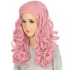 Girls Long Pink Wave Wig with Barrette Halloween Cosplay Party Costume Wig
