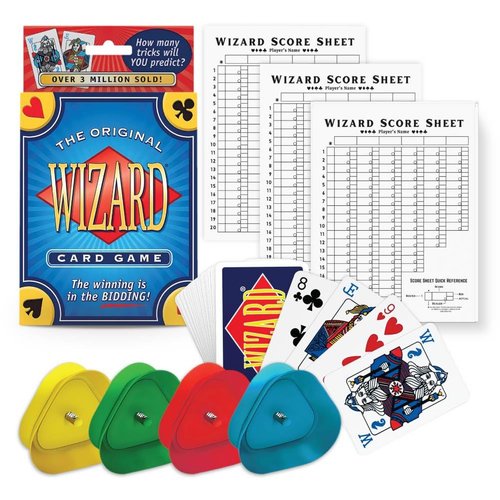 The Original Wizard Cards Game and Card Holder for Playing Cards (4-Pack) - Classic Card Game for Vacations and Game Nights with Hands-Free Cards Holder for Seniors - Wizard Scoring Sheets