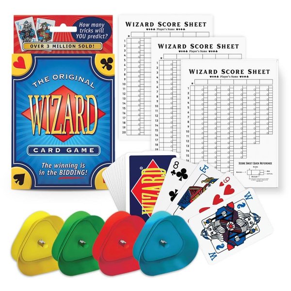 The Original Wizard Cards Game and Card Holder for Playing Cards (4-Pack) - Classic Card Game for Vacations and Game Nights with Hands-Free Cards Holder for Seniors - Wizard Scoring Sheets