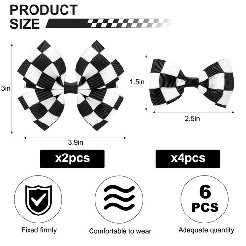 Vodolo Checkered Hair Clip,6PC Checkered Flag Hair Bow Clips For Girls Women,Black and White Racing Fan Pigtail Checkered Hair Accessories