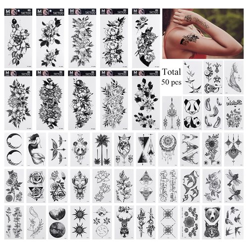 Lady Up Temporary Tattoos, Water-Resistant Animal & Floral Designs, Chic Collection of 50 Solid Color Temporary Tattoos for All Occasions,Creative Black Mixed Style Two Sizes