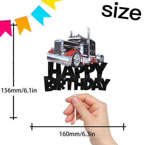Truck Car Cake Topper Pick for Transportation Vehicle Theme Decor Supplies Baby Shower Boy Girl Happy Birthday Party Decorations Black Glitter