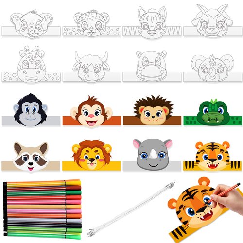 HESTYA 16 Pcs DIY Animal Headbands with 24 Watercolor Pens - Jungle Coloring Crowns and Party Hats for Kids' Crafts, Costumes, and Cosplay
