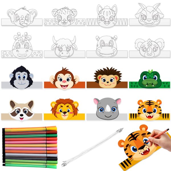 HESTYA 16 Pcs DIY Animal Headbands with 24 Watercolor Pens - Jungle Coloring Crowns and Party Hats for Kids' Crafts, Costumes, and Cosplay