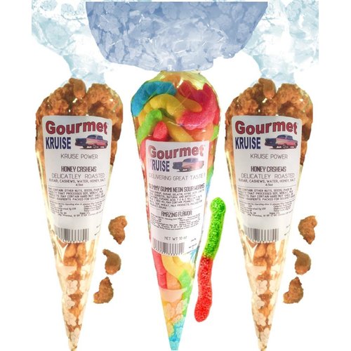 Cashews (2) Honey Salted Roasted Delicately (1) Sour Worms (NET WT 19 OZ) Gourmet Kruise Signature Gift Bags