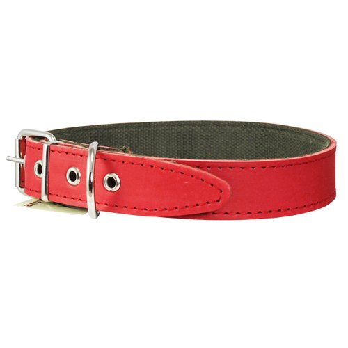 Thick Genuine Leather Dog Collar, Cotton Padded, 1.25" Wide. (Neck Circumf.: 17.5"-20.5", Red)