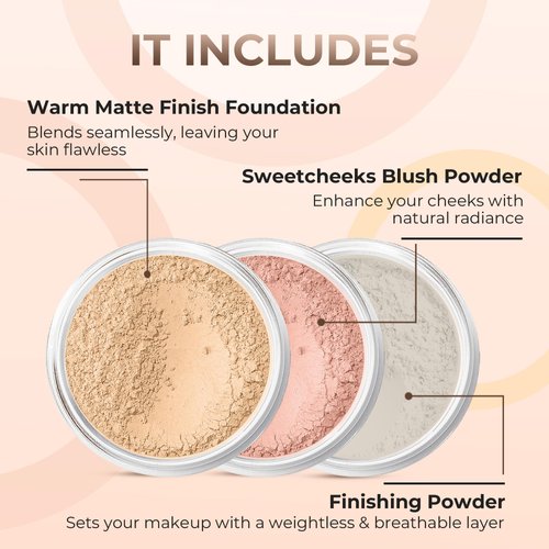 3pc Mineral Makeup Set (Warm) Bare Skin Kit Powder Matte Foundation Organic