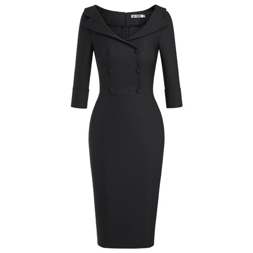 MUXXN Women's Cute Spring Autumn Audrey Hepburn Style Dresses Gorgeous Back Split Sheath Dress (Black L)