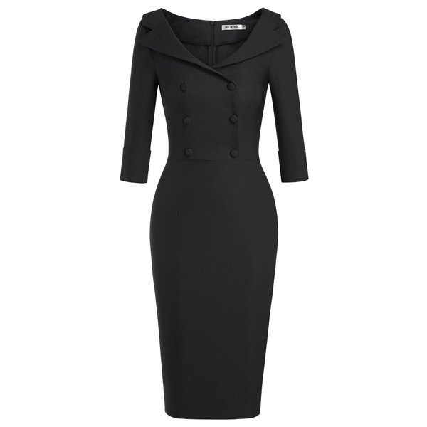 MUXXN Women's Cute Spring Autumn Audrey Hepburn Style Dresses Gorgeous Back Split Sheath Dress (Black L)