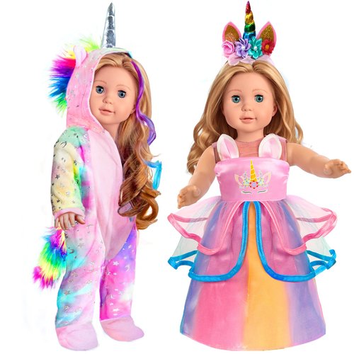 WONDOLL 2-Sets 18-inch Doll-Clothes Set - Unicorn Clothes with Hair Clip and Headband - Compatible with All 18 inch Dolls Accessories for Kids -Pink