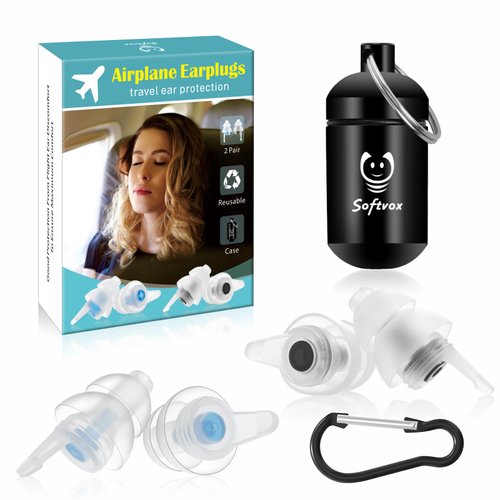 Softvox Airplane Ear Plugs Pressure Relief Earplugs [2 Pairs], Airplane Travel Essentials 100x Reusable Super Soft Plane Ear Plugs Prevent Ear Pain & Reduce Noise for Adult/Kids with Small Ear Canals