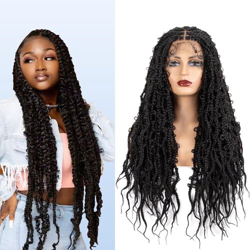 JIAJIA TERESA 28 Inch 13x3 Lace Braided Wigs, Square Knotless Box Braid Wig for Black Women, Synthetic Butterfly Box Braids Wig with Pre-plucked Baby Hair Free Parting Braiding Lace Wig (1B)