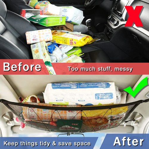ZUOZE Car Ceiling Storage Net | Double Zipper, Adjustable Strap Prevent Falling, 31"x21"Double-Layer Mesh Long Road Trip Camping Van SUV Roof Cargo Pocket Organizer for Putting Quilt Toys Sundries