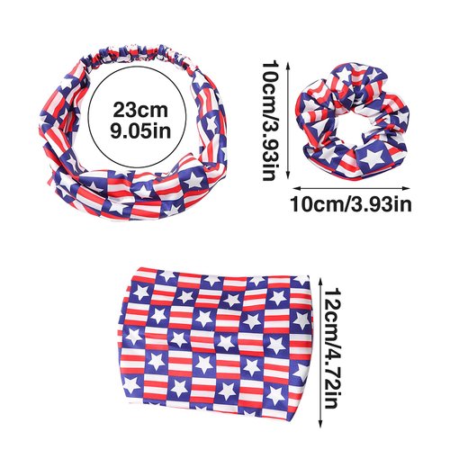 4th of July of Hair Accessories Set - 2Pcs American Flags Bandana Headband Red Blue White Hair Tie Patriotic Satin Scrunchies Hair Bands, Independence Day Costume Decorations for Women Girls