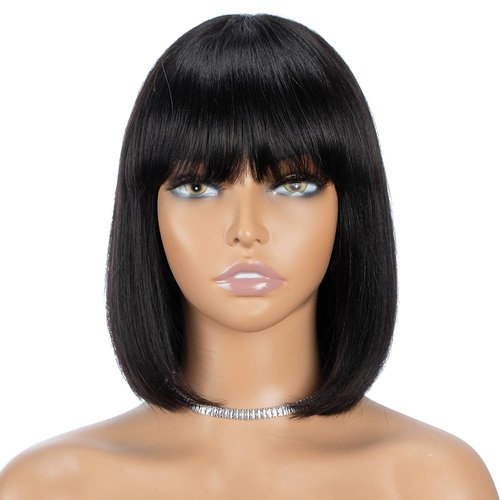 Rebecca Fashion Bob Wig with Bangs Human Hair 10 Inch Light Yaki Straight Short Bob Human Hair Wigs for Black Women Wear and Go Glueless Wig for Daily Wear Natural Color