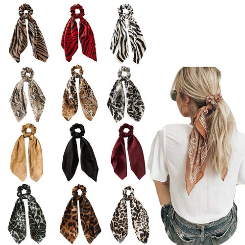 DINPREY 12 Pcs Hair Scarf Scrunchies, Animal Style Leopard Print, Including 3 Solid Colors &amp; 3 Ch...