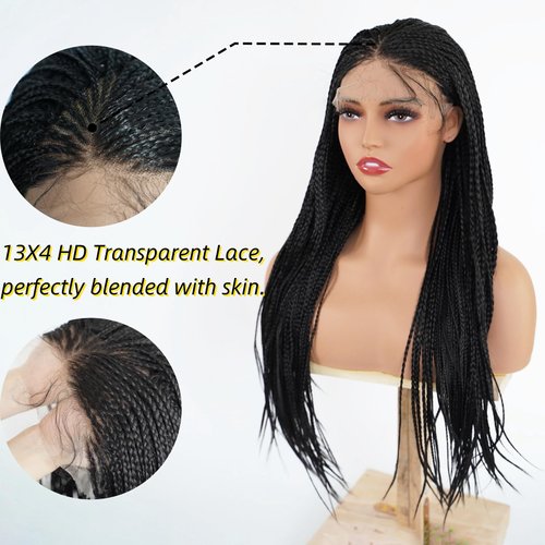 MISS FANCY 24 Inch Box Braided Wigs for Black Women 13x4 Lace Front Wig Twist Dreadlock Afro Curly Black Wigs Handmade Synthetic Cornrow Braided Knotless Pre-plucked Wigs with Baby Hair