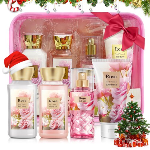 Bath and Body Gift Set for Women & Girls, Rose 4PCS Set for - Shower Gel, Body Lotion, Body Mist, Exfoliating Scrub, Personal Portable Body Care Travel Set for Birthday Christmas New Year Gifts