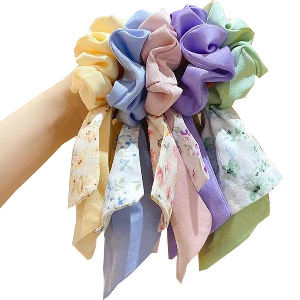 Likeggoad 5 Pcs Bow Elastic Hair Ties,Ribbon Hair Scrunchies,Mixed Floral Bowknot Hair Ties,Elegant Hair Scarf Scrunchies Short Ribbon Ponytail Holders for Women/Girls