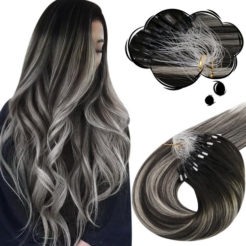 Moresoo Ombre Black Hair Extensions Micro Beads Human Hair Balayage Micro Link Hair Extensions Off Black To Silver Hair Extensions Ombre Gery Micro Link Hair Extensions Human Hair 20In 1G/S 50G