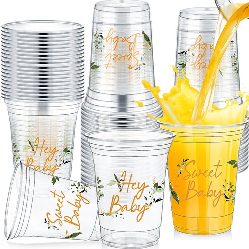 Fuyoooo 48 Pcs Eucalyptus Baby Shower Cups 16 Oz Baby Shower Plastic Cups Thick Clear Cup Sage Green Baby Shower Party Supplies for Baby Shower Birthday Party Favors Gender Reveal Decorations