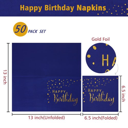 DYLIVeS Happy Birthday Napkins, Blue and Gold Foil Dots Napkins Disposable Paper Napkins for Dinner Picnic Cocktail Birthday Party Supplies Decorations for Boy Man, 6.5 x 6.5 Inch (Pack of 50)