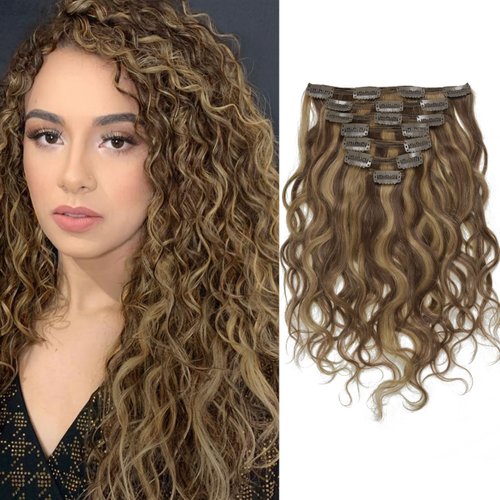 Caliee Natural Curly Clip in Hair Extensions 18 inch Human Hair Double Weft Highlighted Blond Color Natural Wave Dark Brown Color #4 Ombre Strawberry Blonde #27 Color 7Pieces 17Clips with 120g