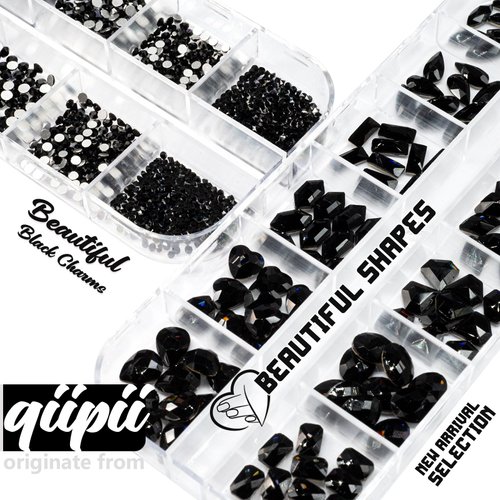 qiipii 4080Pcs Black Nail Rhinestones Crystal Flatback Jet Black Rhinestones Round Beads Glass Gems Stones Nail Art Gems Diamonds jewels Multi Shapes Sizes Nail Charms for Nails Eyes Makeup DIY Crafts