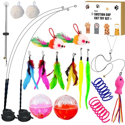 Roiseon Cat Toys for Indoor Cats,22Pcs 5 in 1 Cat Spring Toy Cat Wand Toy Interactive Cat Toys for Indoor Cats Suction Cup Cat Toy Cat Toys for Bored Indoor Adult Cats Cat Feather Toy Birthday Gift
