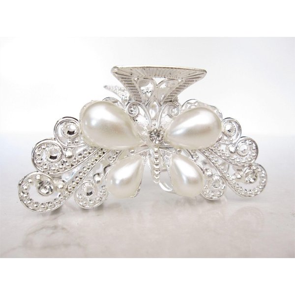 Generic Silver metal butterfly faux pearl and clear crystal hair claw clip bridal clip