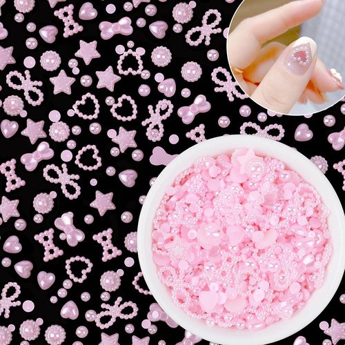 500Pcs Pink Pearls 3D Nail Art Charms Multi Shapes Heart Flower Star Bowknot Round Beads Acrylic Cute Hollow Charms for Valentine's Day DIY Crafts Jewelry Accessories