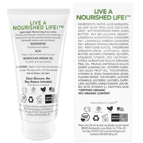Nourish Organic Face Lotion, Rosewater Acai + Argan – Lightweight Moisturizer for Face with Aloe Vera, Shea Butter & Vitamin C, 1.7 Oz + Washable Cotton Round