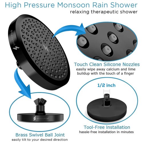 SparkPod Shower Head - High Pressure Rain - Premium Quality Luxury Design - 1-Min Install - Easy Clean Adjustable Replacement for Your Bathroom Shower Heads (Midnight Black Matte, 6 Inch Round)