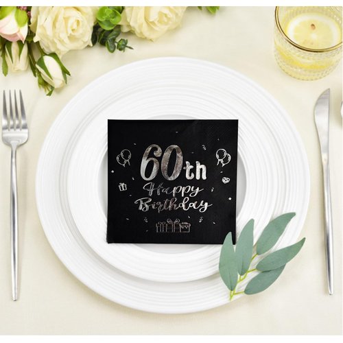 Black and Silver 60th Birthday Party Napkins,Happy 60th Birthday Disposable Napkins,60th Birthday Decorations for Men Women Party Supplies Cocktail Napkins