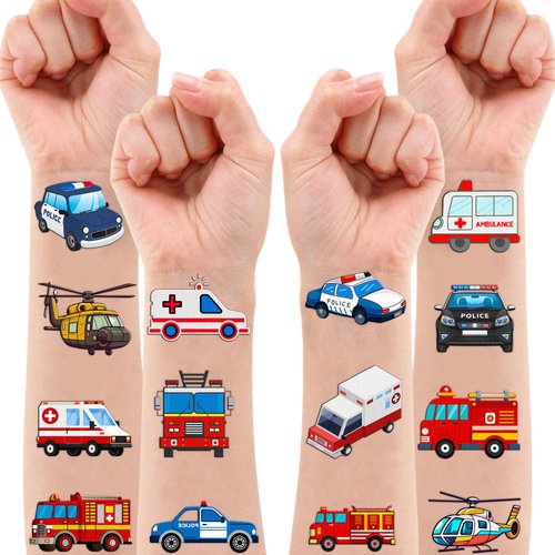100 PCS Emergency Transportation Temporary Tattoos Themed Birthday Party Decorations Favors Supplies Decor Vehicle Ambulance Tattoo Stickers Gifts For Game Boys Girls Classroom School Prizes Reward