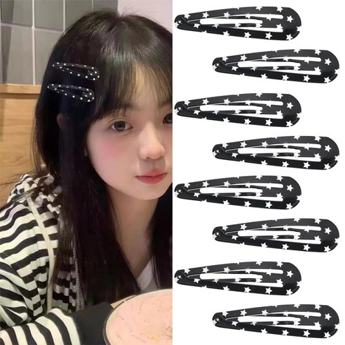 Black Snap Hair Clips Star Print Y2K Hair Barrettes Hairpins Metal Water Drop Hair Snap Clips Set of 8 Punk 2000s Hair Accessories for Women Girls Bangs Side Hair Clips for Styling Thick Thin Hair