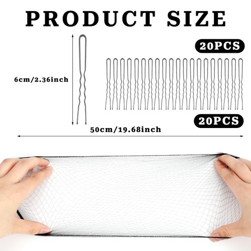 Hair Nets Invisible Elastic Edge Mesh and U Shaped Pins Set, 20Pcs Individual Package Hair Nets for Buns 20Pcs U Shaped Hair Pins for Ballet Bun, Dance, Sleeping, Women