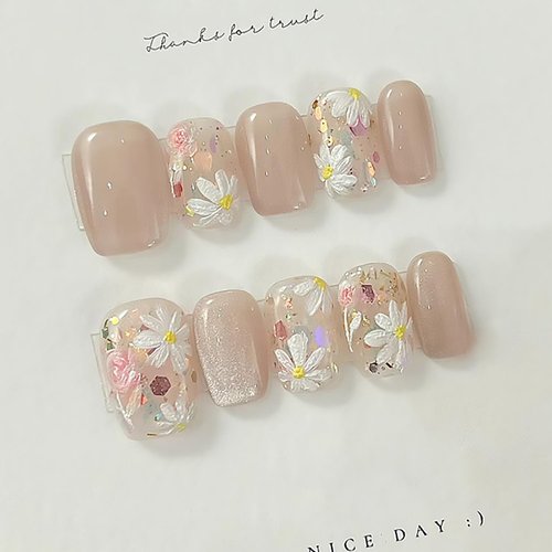 Tyuimhx Cat Eye Press on Nails Coffin Short Fake Nails Spring False Nails With Flowers Glitter Designs Full Cover Stick on Nails Acrylic Floral Artificial Nails for Women Girls Glue on Nails 24Pcs