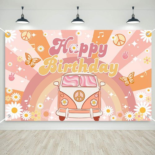 Mocsicka Groovy Birthday Banner Retro Hippie Boho Daisy Party Decorations for Girls Kids Rainbow Groovy Happy Birthday Party Background for Indoor Outdoor Supplies (Yellow, 70.8 x 43.3 Inch)