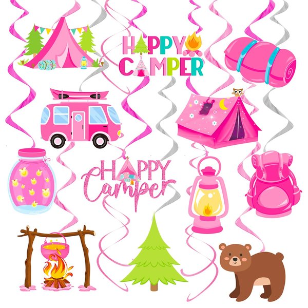 Happy Camper Party Hanging Swirls Camping Birthday Party Decorations Girls 20PCS Camp Ceiling Streamer Camping Birthday Decoration for Girls Adventure Bear Baby Shower Supplies