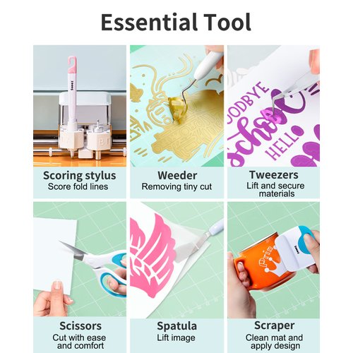 Sooez Weeding Tools for Vinyl, 6PCS Basic Tools Set for Cricut, Precision Craft Vinyl Tool Kit, Scoring Stylus/Weeder/, Scraper/Spatula/Tweezers/Scissors for Vinyl,Paper & Iron-on Projects,Colored