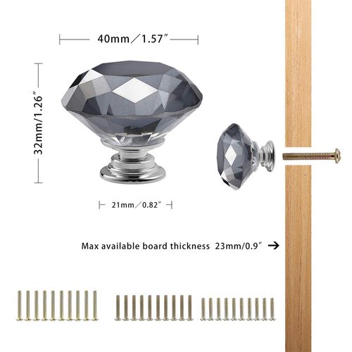 CZC HOME 10 PCS Diamond Crystal Glass Pull Handle Cabinet Knobs Cupboard Drawers Cabinet Dresser Bookcase Wardrobe (40mm, Grey)