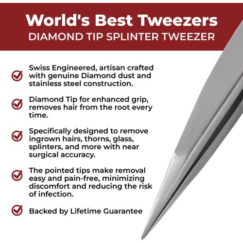 World's Best Tweezers Diamond Tip Splinter Tweezers - Diamond Coated, Professional Precision Needle Nose Pointed Tweezer for Ingrown Hair, Splinter, Ticks, and Glass Removal - Stainless Steel